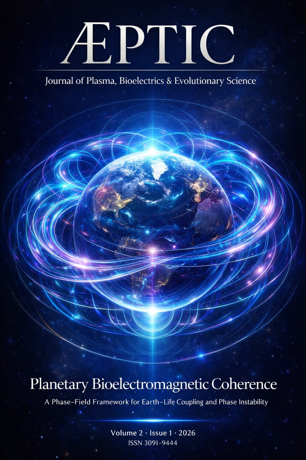 Planetary bioelectromagnetic coherence visualization showing Earth surrounded by phase-field energy structures representing Earth–life coupling.