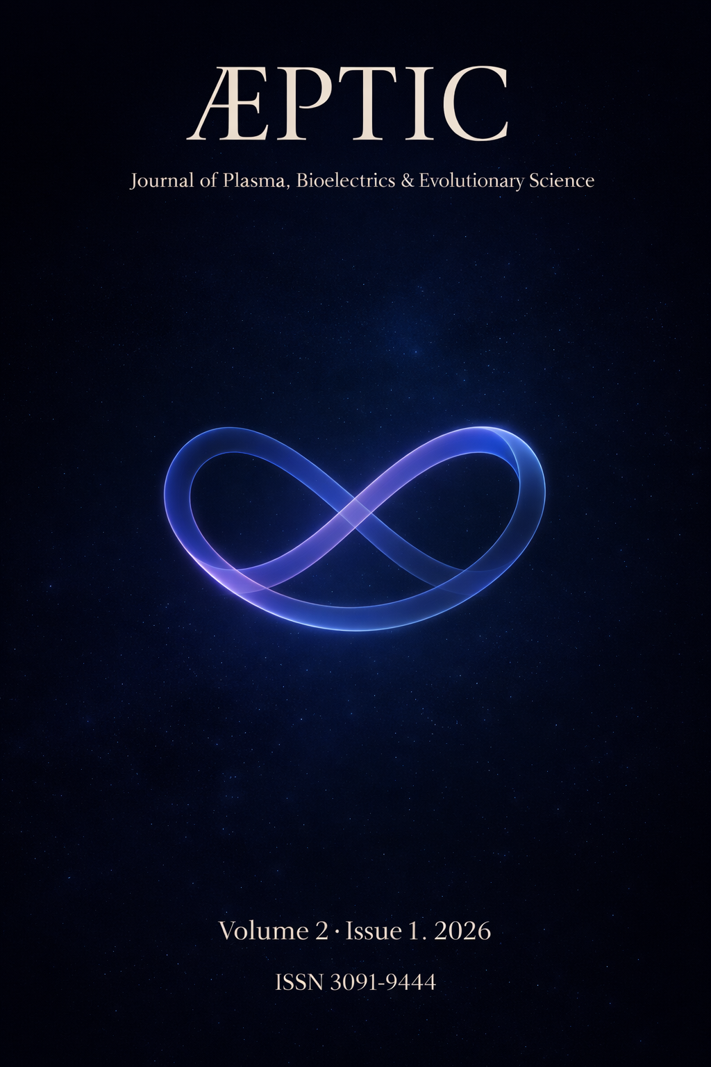 Cover image of ÆPTIC Volume 2, Issue 1 (2026), featuring a multi-layered phase-field structure representing resonance, synchronization, and bioelectromagnetic interactions.